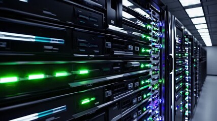 row of servers in a data center. These server create a futuristic scene of digital technology. servers represent network infrastructure and cloud computing. modern data storage and processing power. - Powered by Adobe