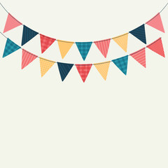 Fototapeta premium Colorful bunting flags hanging against a plain light beige background
