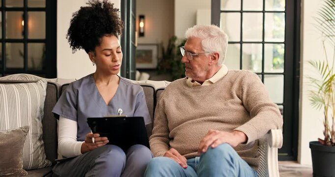 Outdoor, old man and caregiver talk with tablet to teach, system function info or app setup help. Patio, tech education or homecare nurse with senior person for assistance, listen or explain homepage