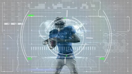 Animation of data processing against african american male rugby player holding a rugby ball