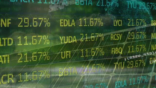 Animation of trading board, programming language, globe over solar panel