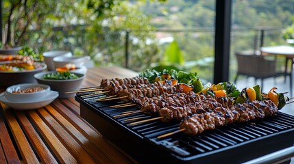 BBQ grill with skewers of grilled meats and fresh vegetables served on a wooden table .