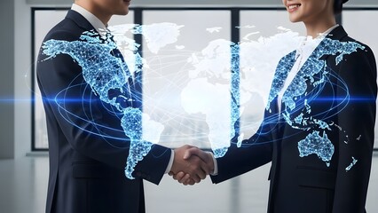 Business professionals shaking hands with global network overlay.