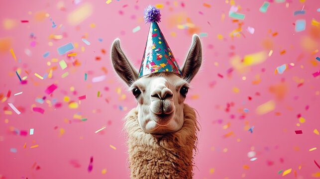 Llama in party hat with confetti explosion .
