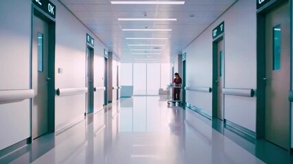 Medical professionals walking down a brightly lit hospital corridor with patients and medical equipment - Powered by Adobe
