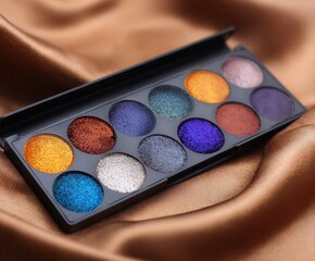 Eyeshadow palette with shimmering colors on silky fabric surface