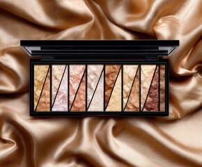 Luxurious eyeshadow palette on satin fabric background
