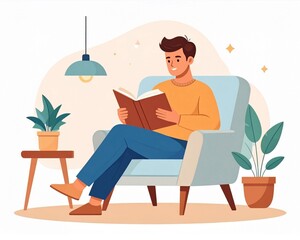 Young man enjoying a peaceful moment, comfortably seated in an armchair at home, engrossed in reading a captivating book, surrounded by potted plants and soft lighting