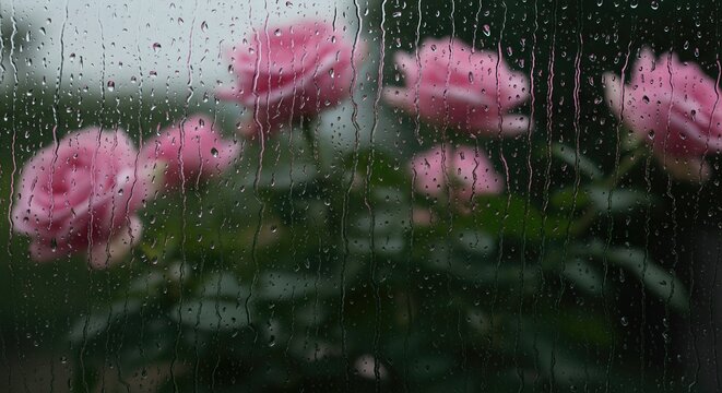 Close-up of raindrops trickling down a glass window pane with soft blurred pink roses in a garden background during a rainy day.