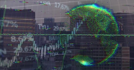Animation of financial and stock market data processing over a globe against view of cityscape - Powered by Adobe