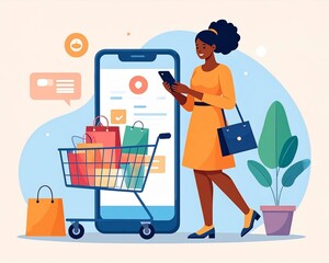 Woman Using Smartphone for Online Shopping, with Shopping Cart and Bags, a Concept of E-commerce and Digital Retail