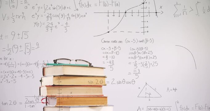 Animation of stack of books over mathematical equations and formulae