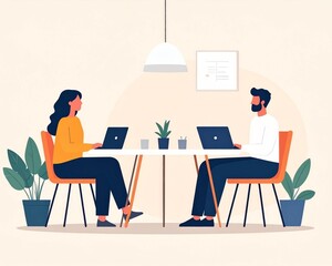 Two colleagues working on laptops at a table in a modern office setting, surrounded by plants and natural light