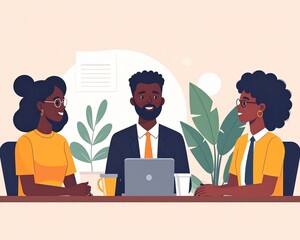 Business meeting illustration with diverse colleagues collaborating around a table with a laptop and plants