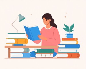 Young Woman Engrossed in Reading a Book at a Desk Surrounded by Stacks of Colorful Literature, Symbolizing Learning and Education
