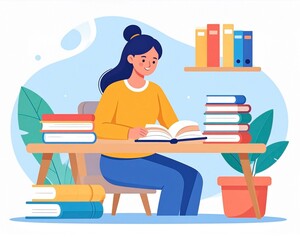 Cheerful young woman diligently studying at a desk filled with numerous books, embodying a passion for learning, academic achievement, and intellectual self-improvement