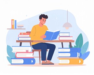 Young man engrossed in reading a book at a desk surrounded by stacks of books, symbolizing knowledge and education