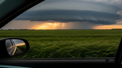 View from a car window of a vast green field under a stormy sky with rain.