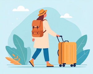 Vibrant illustration of a young woman with a backpack and rolling suitcase, confidently strolling towards new horizons, embodying the excitement and freedom of modern travel and global exploration