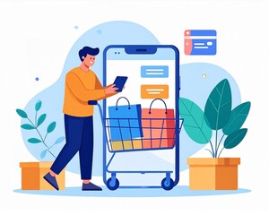 Online shopping and e-commerce concept with a happy man using a smartphone and shopping cart, delivery boxes and plants