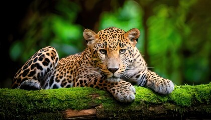 Obraz premium Majestic Leopard Resting on a Mossy Branch in Lush Green Jungle Habitat.
