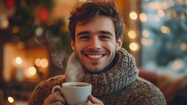 Guy with dimples holding a steaming coffee cup and smiling at the camera, cozy setting behind .