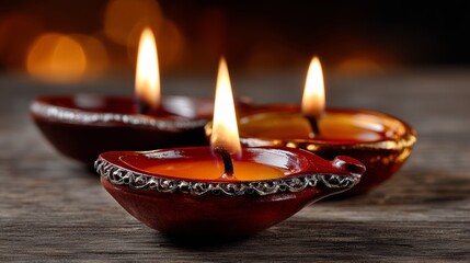 Traditional Diwali oil lamps or Diya glowing on wooden surface during Hindu festival.