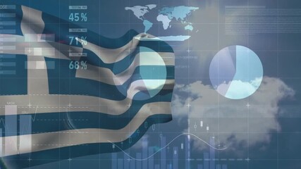 Animation of financial data processing over flag of greece - Powered by Adobe