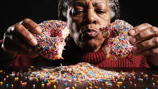 A woman devouring a colorful pastry, stages of consumption, macro sprinkles, food closeup