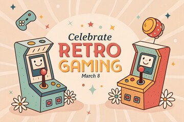 Celebrate retro gaming day with two adorable, smiling vintage arcade cabinets and a floating classic controller in a warm, stylized illustration perfect for March 8th event promotion or nostalgic cont