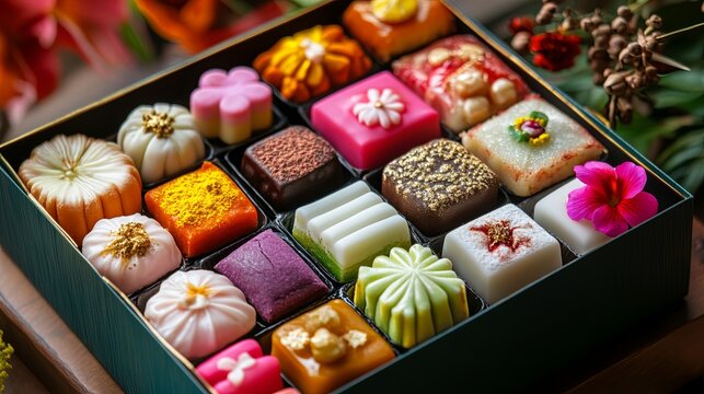 Colorful traditional mithai box with assorted sweets .