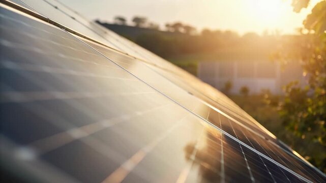 Closeup view of solar panels on building rooftop concept. Smart city development leverages renewable electricity cutting emissions.