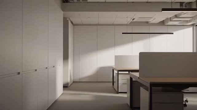 A clean and modern office interior featuring minimalist design, empty workstations, and natural light.