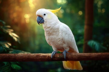 Tropical white cockatoo perched on tree branch in vibrant light