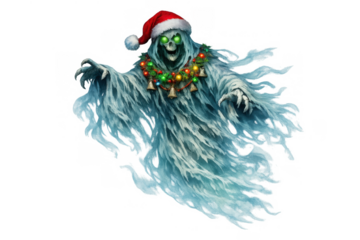 Christmas ghost character in santa hat with glowing eyes and festive wreath with bells on transparent background
