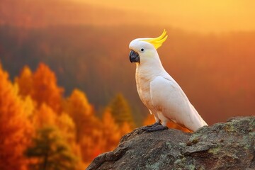Cockatoo perched on rock with autumn background