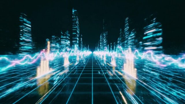 Neon blue digital landscape with futuristic grid and motion graphics representing data visualization and technological advancements in a modern cityscape environment always