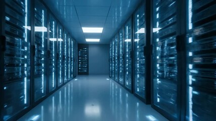 A sleek, modern data center corridor lined with server racks emitting blue light, representing advanced digital infrastructure and global network connectivity. - Powered by Adobe