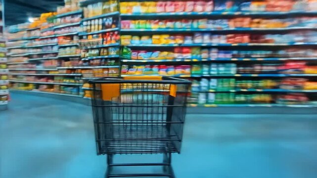 View from a black shopping cart moving quickly through a brightly lit supermarket aisle filled with products