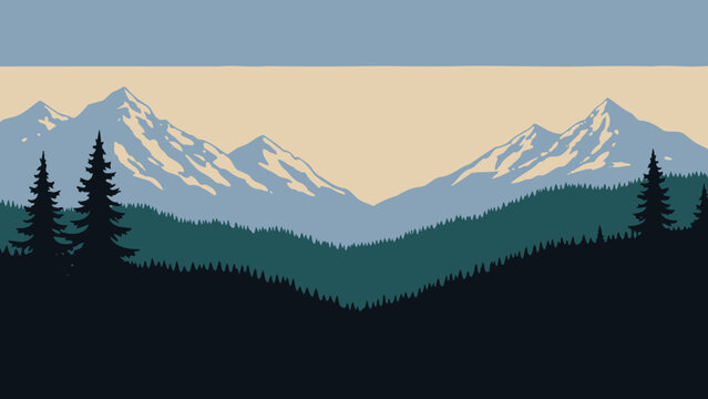 Majestic Snow-Capped Mountains Overlooking a Lush Forest Landscape.