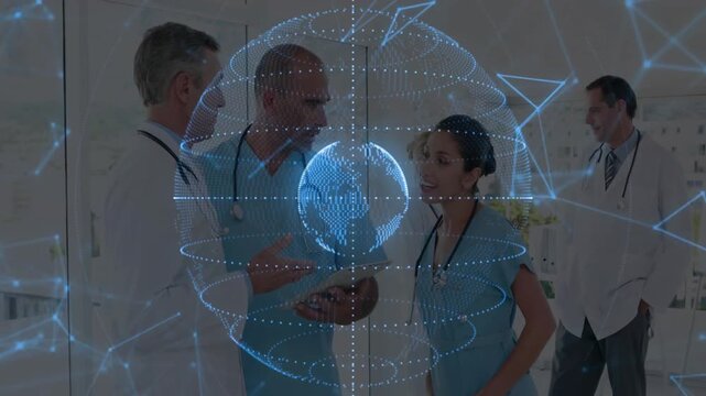Nurse grabbing tablet swiping medical data as team collaborating around hologram for treatment plan