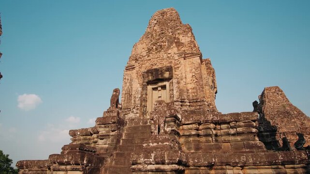 Ancient stone ruins of the pre rup temple. Famous khmer architecture and unesco world heritage site under a clear blue sky. Archeology concept.