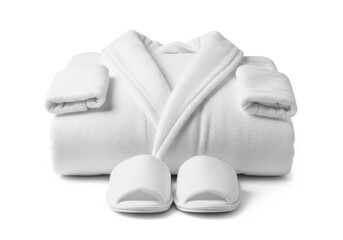 Plush white terry cloth garment and accompanying footwear set isolated on a bright background