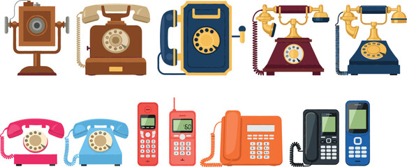 Evolution of communication technology set featuring vintage rotary phones antique wall telephones classic corded handsets and modern mobile cellular devices in flat illustration.