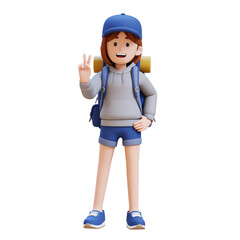 Traveler Backpacker Girl Character Giving Peace Sign Going to Traveling