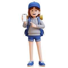 Traveler Backpacker Girl Character Pointing to Smartphone Blank Screen