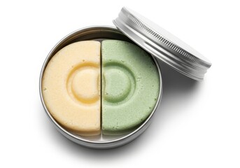 Two solid cosmetic bars rest inside an open round metal container against a white background