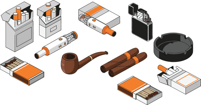 Isometric collection of smoking accessories including cigarette packs cigars tobacco pipe electronic vapes lighters ashtray and matchboxes in a clean flat vector style.