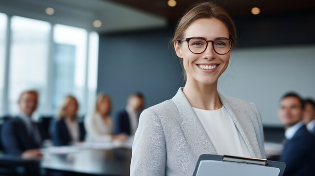 A confident businesswoman stands proudly in front of her diverse team during a meeting in an elegant conference room. She exudes professionalism and warmth as she prepares to guide the discussion - Powered by Adobe