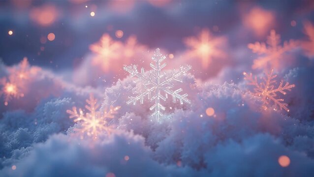 Sparkling Snowflakes on Soft Snow Background with Magical Glow